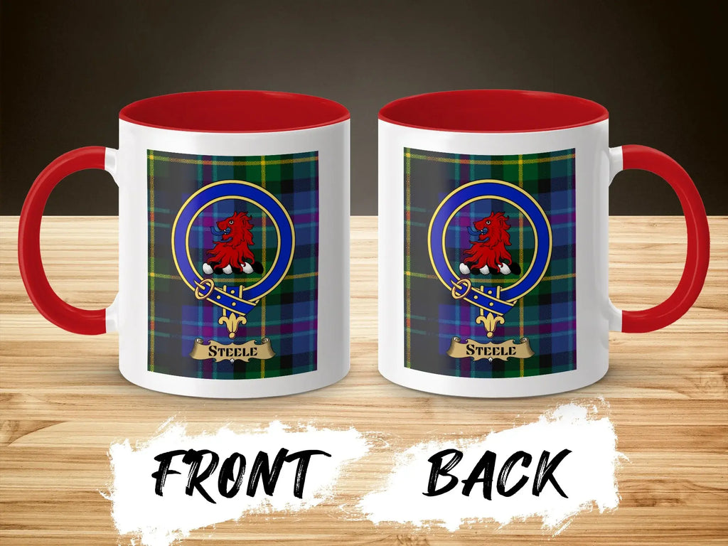 Steele tartan-background crest mug shown as a Scottish heritage gift