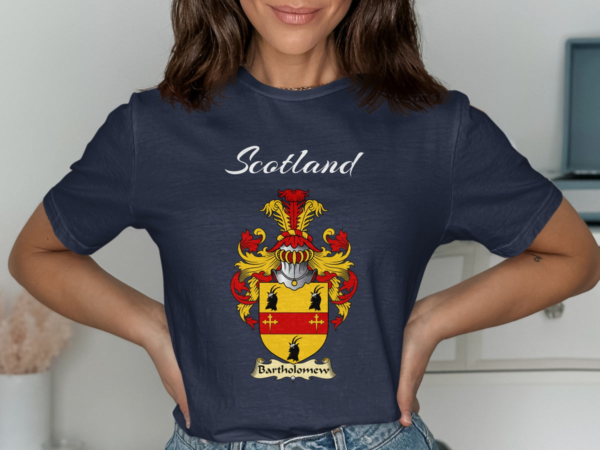 Bartholomew Scottish family shield design on Navy T-shirt