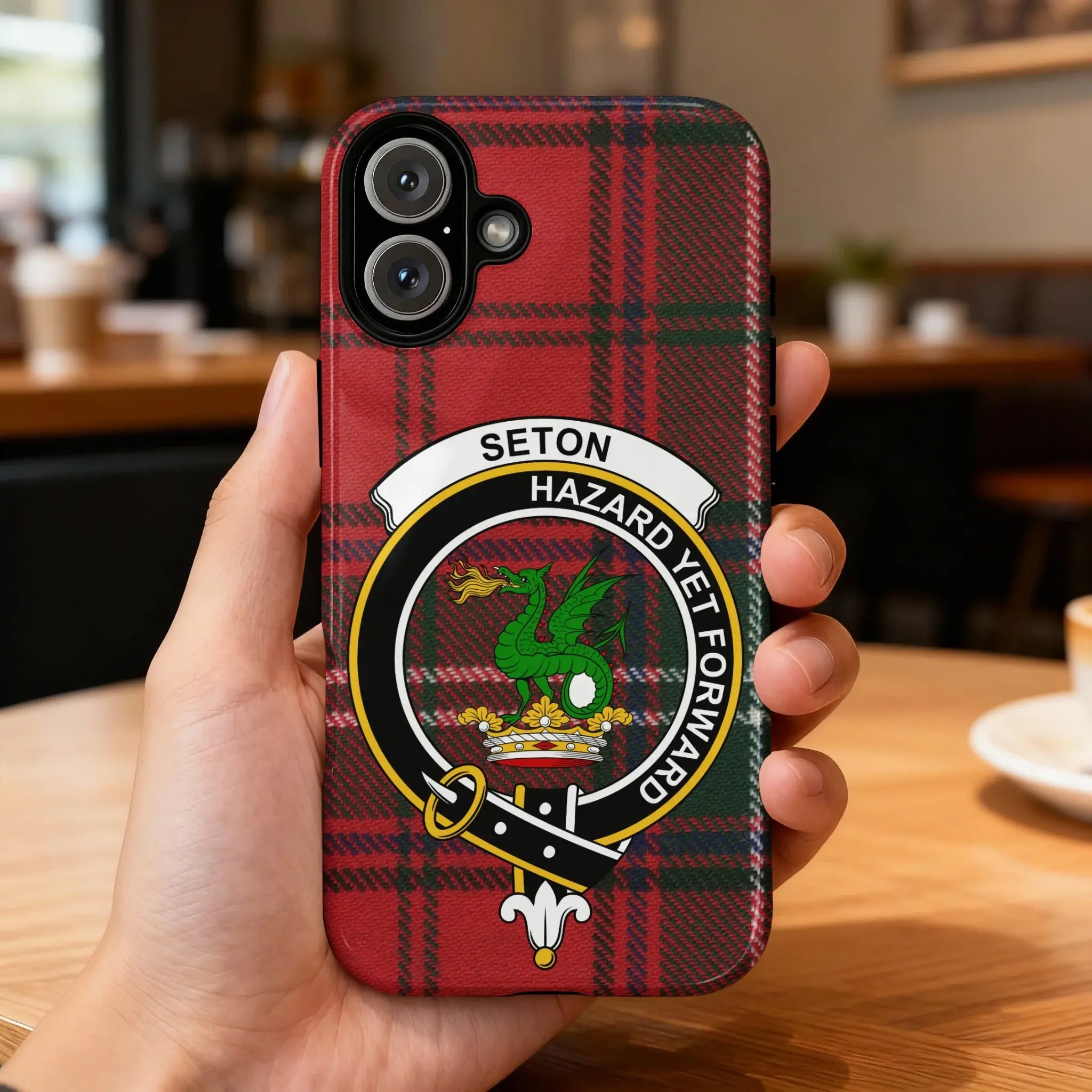 Clan Seton tartan phone case — full 3D wrap with Hazard Yet Forward dragon crest, glossy finish