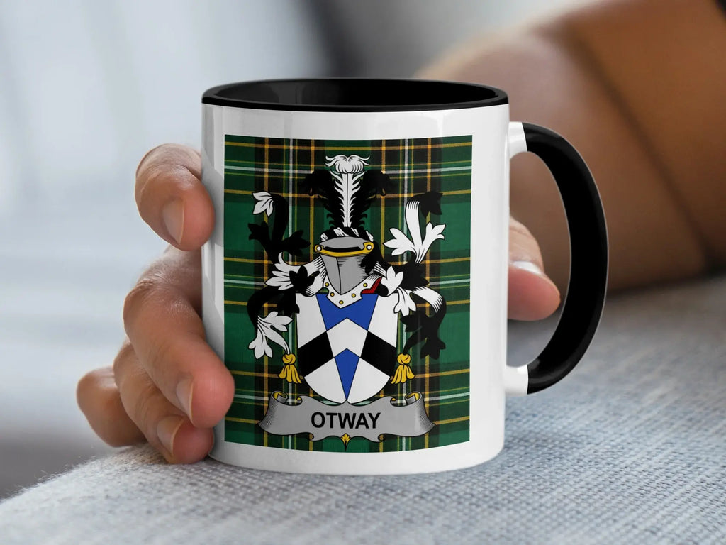 Otway Irish family crest black accent mug on Irish National Tartan