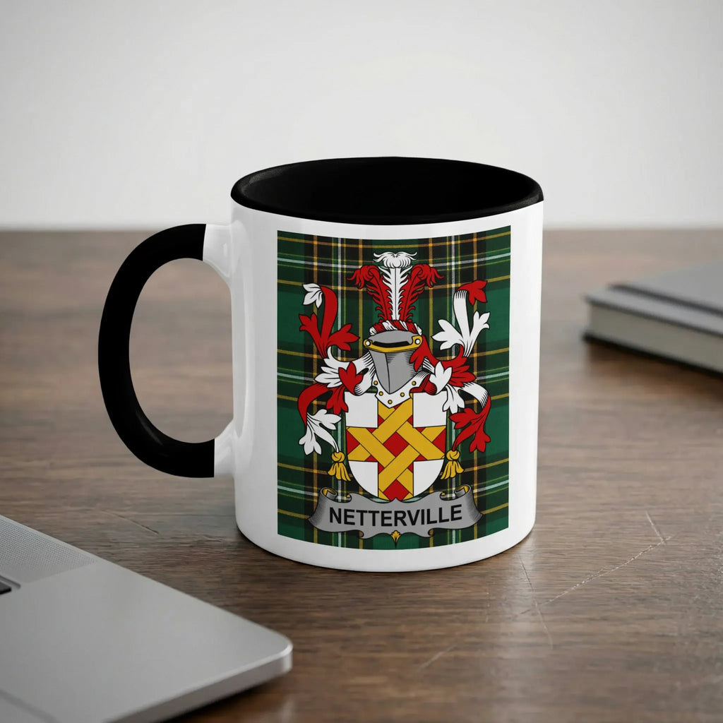 Netterville black accent mug with family crest on tartan background