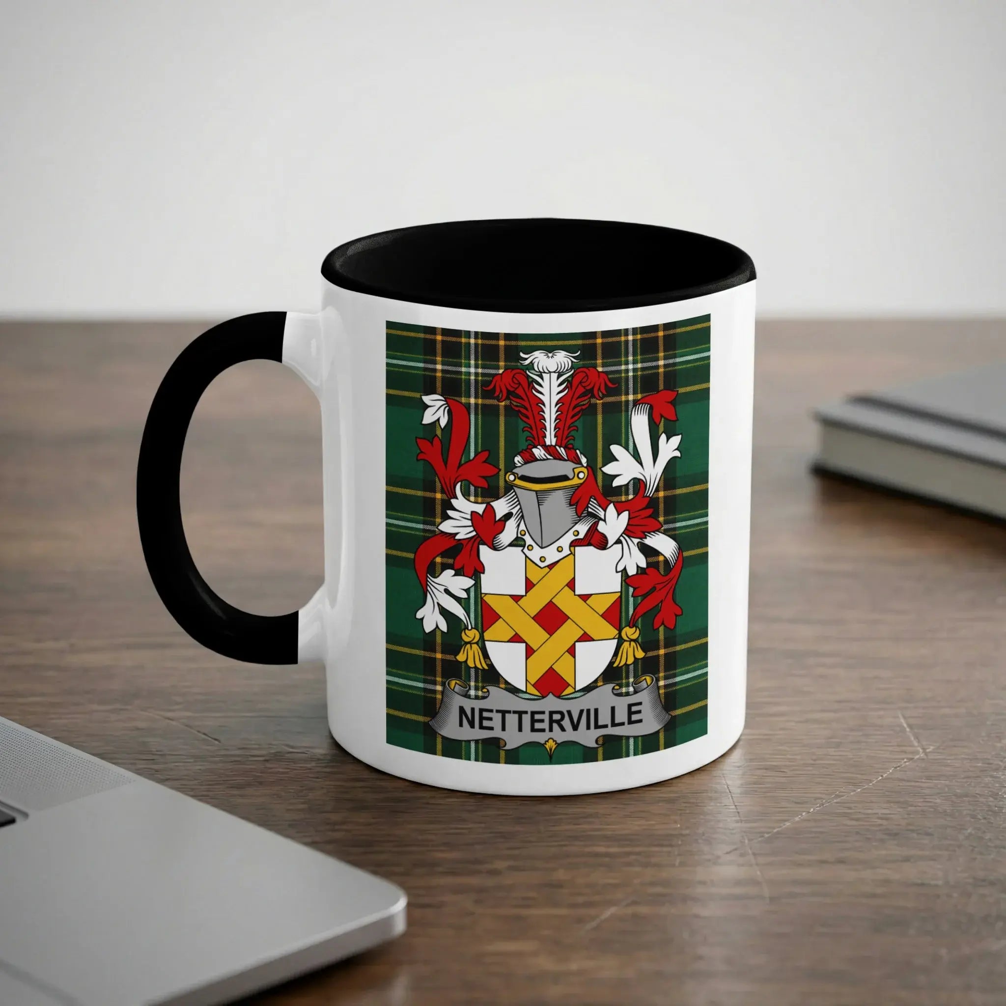 Netterville black accent mug with family crest on tartan background
