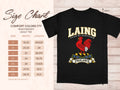 Comfort Colors 1717 size chart in inches with a black Laing clan crest T-shirt preview