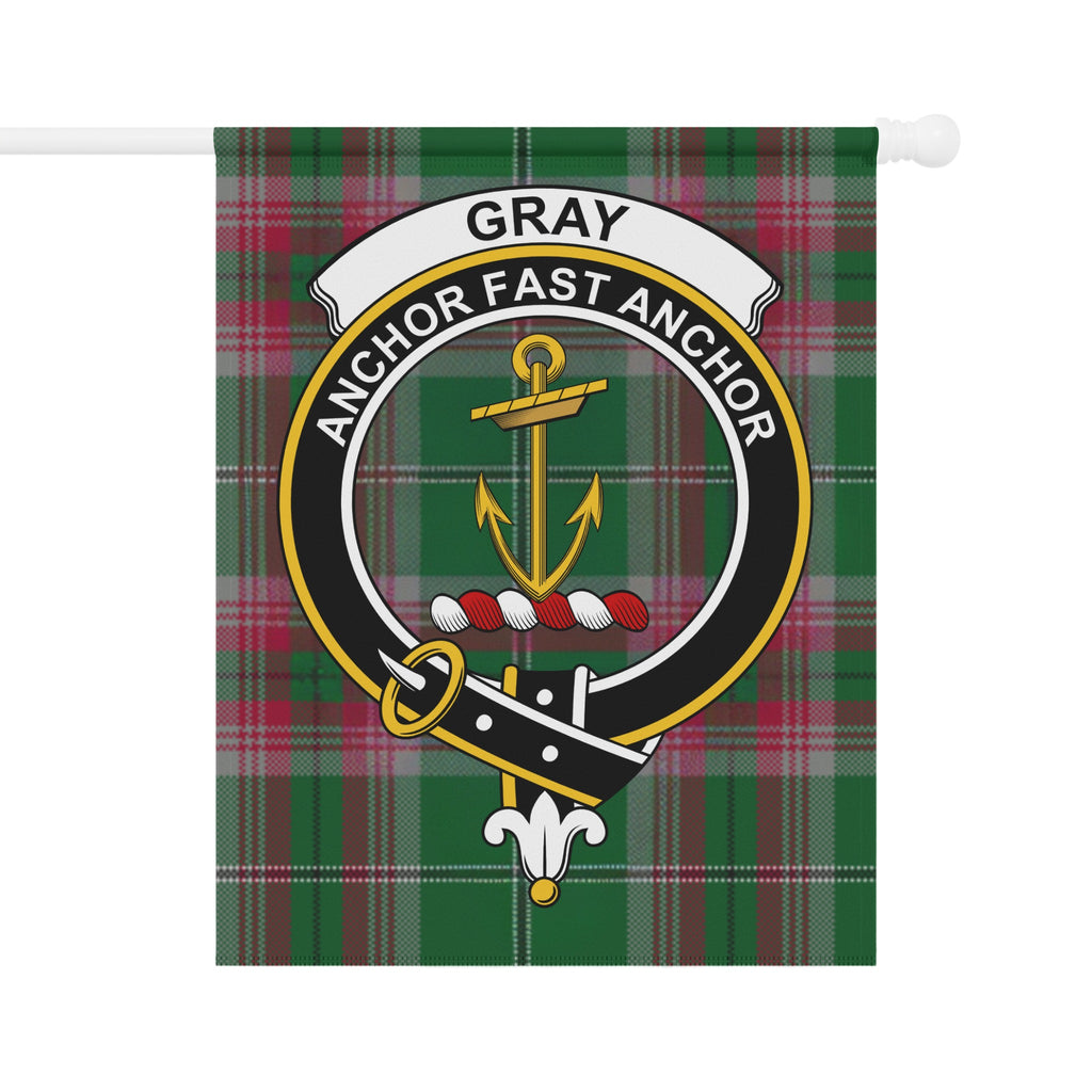 Gray green and red tartan garden flag with crest and motto — full view
