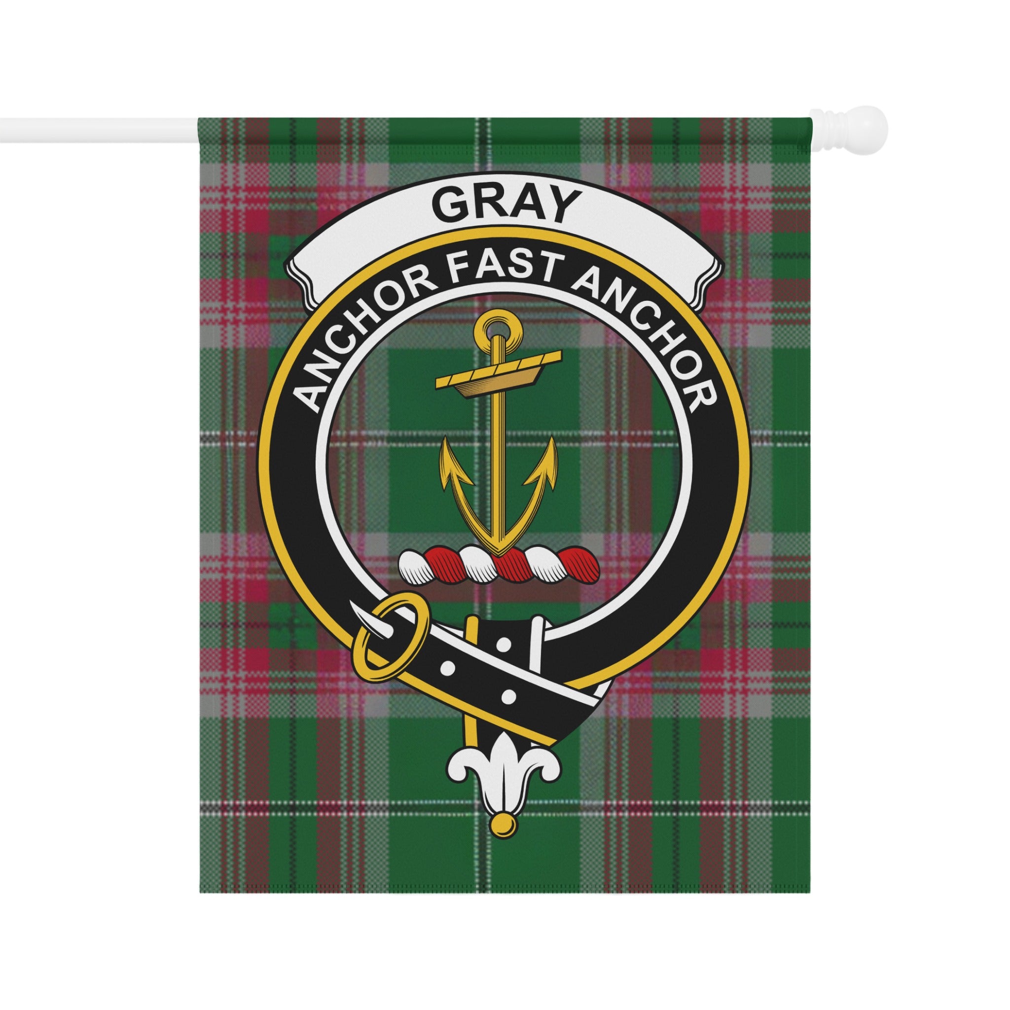 Gray green and red tartan garden flag with crest and motto — full view
