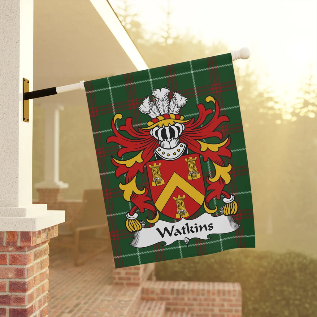 Green plaid flag featuring the Watkins family crest with a shield and banner.