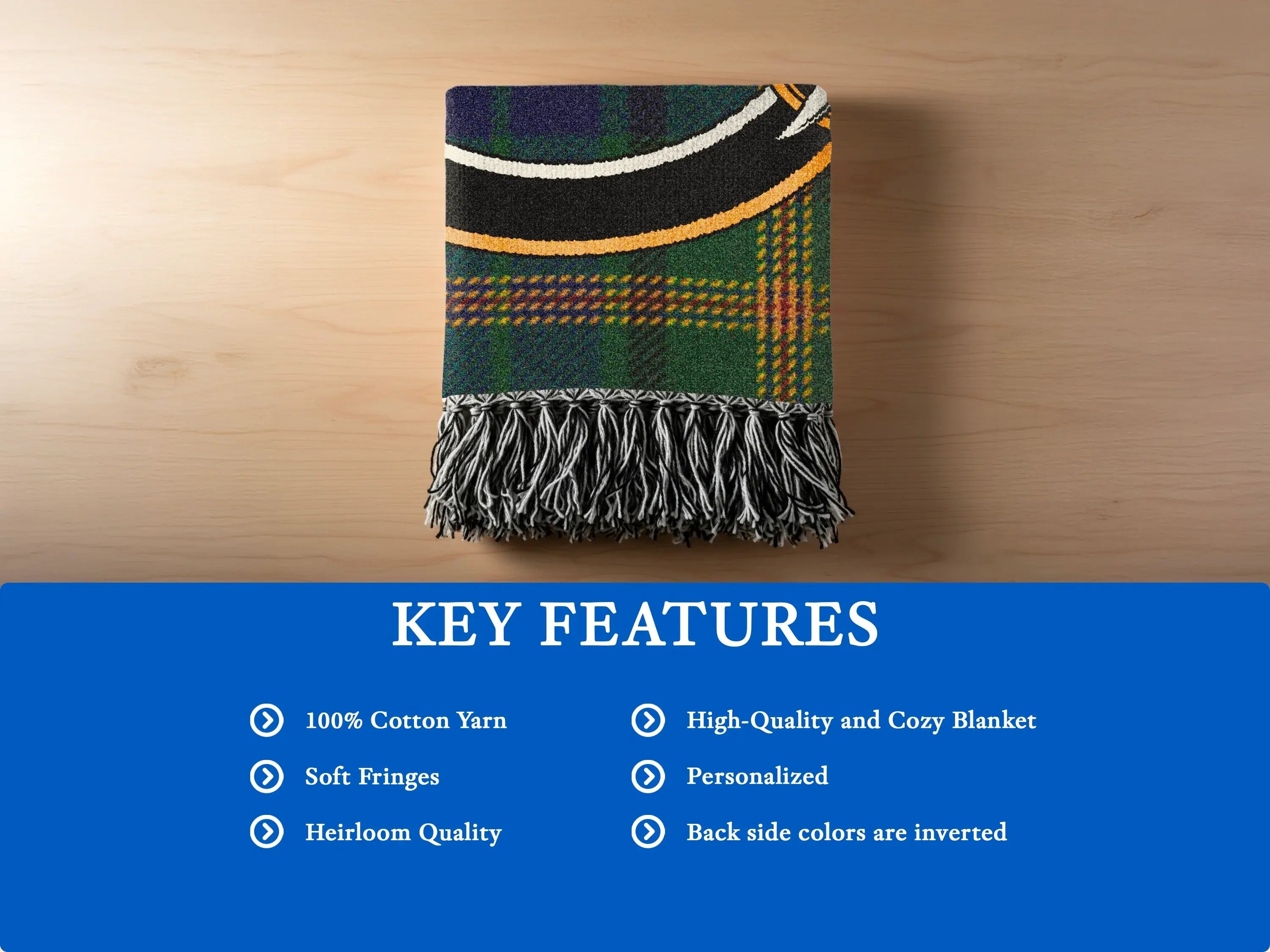 Maitland clan woven blanket folded — premium cotton with soft woven fringe edge detail