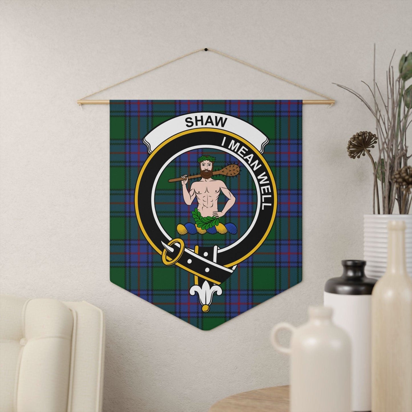Shaw Clan Scottish Tartan Crest Motif Wall Pennant - Celtic Ancestry Gifts