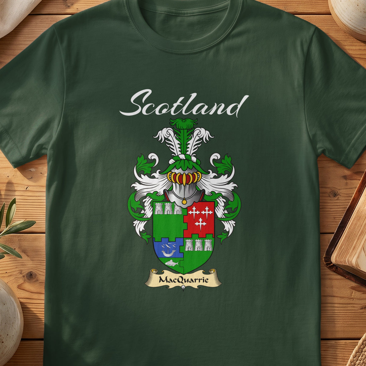 Forest Green MacQuarrie Scottish T-shirt featuring a green shield with contrasting coloured quarters