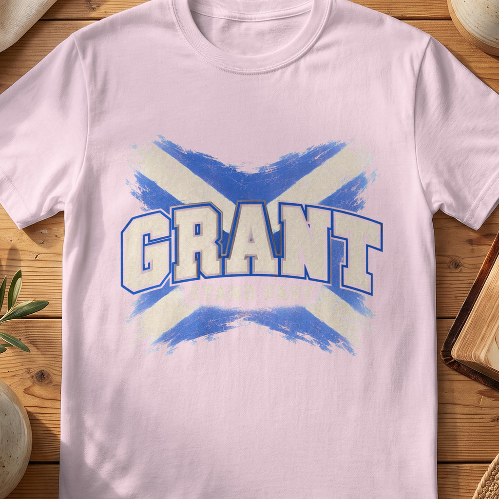 Grant Scottish Saltire T-shirt in Light Pink, with distressed blue and cream flag and “Stand Fast” lettering.
