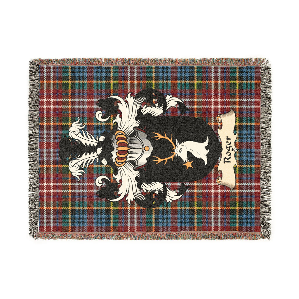 Roger Scottish woven blanket with family shield and Caledonia tartan background