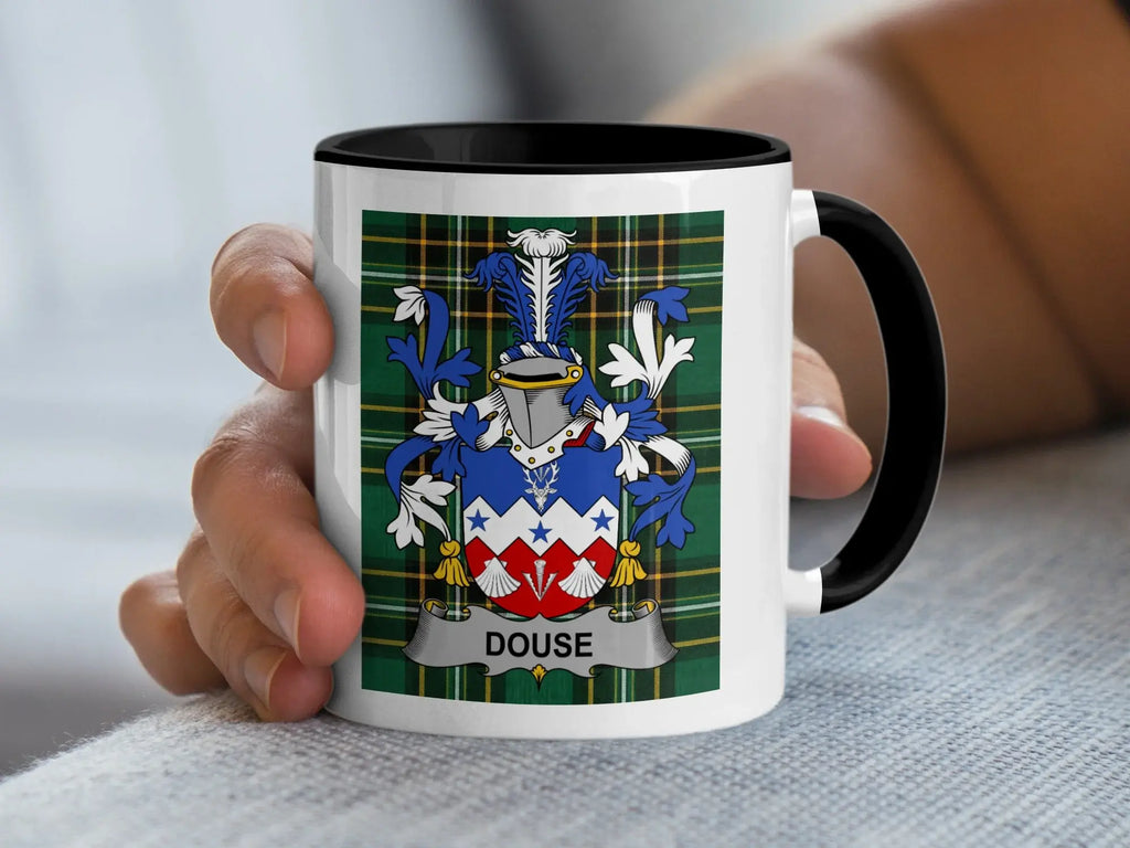 Douse Irish heritage mug with black handle and family crest