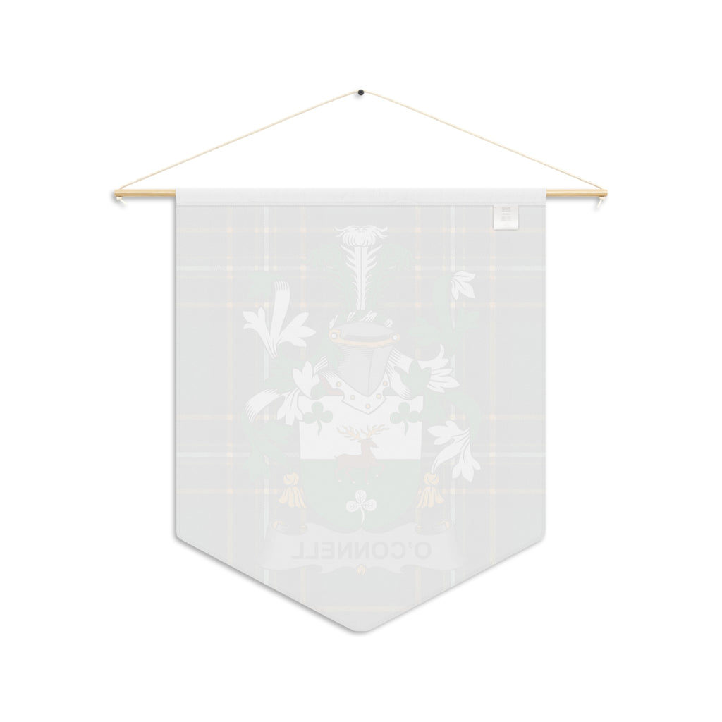 Pennant with tartan background and crest featuring a stag and shield.