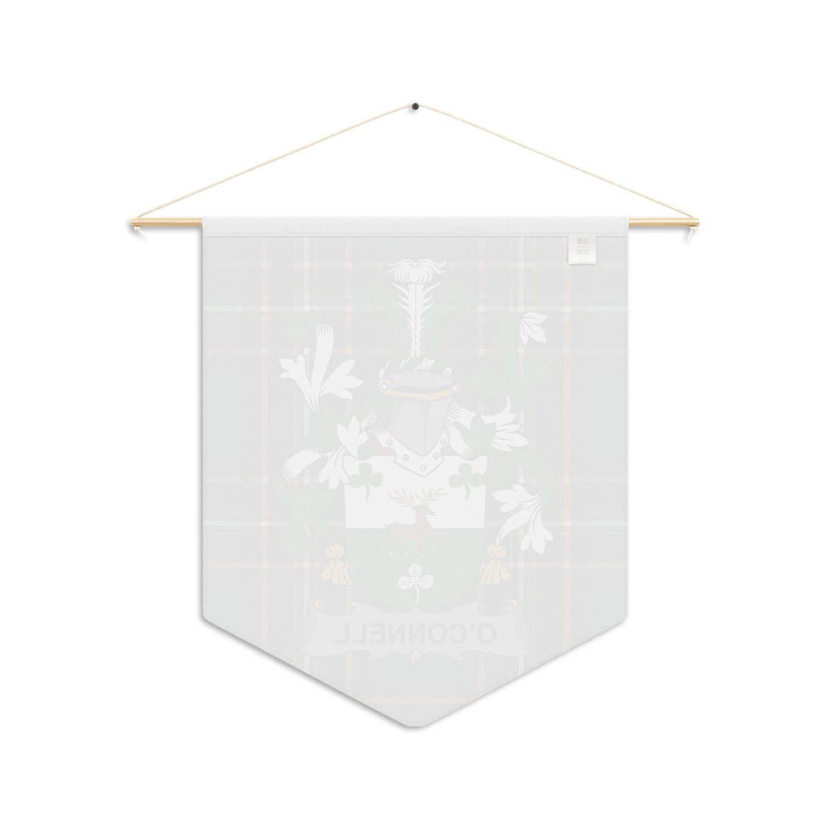 Pennant with tartan background and crest featuring a stag and shield.