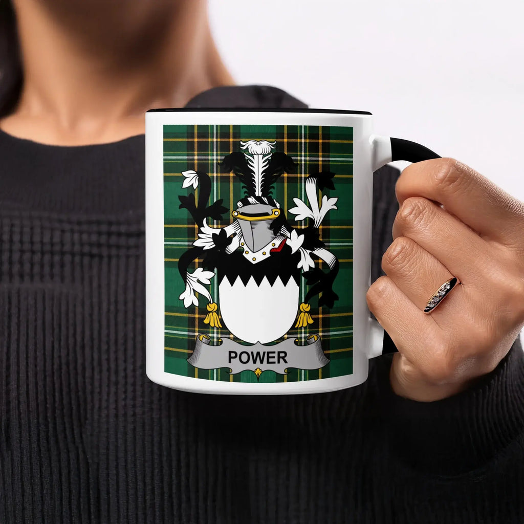 Mug with a green tartan background and a coat of arms displaying the name "POWER".