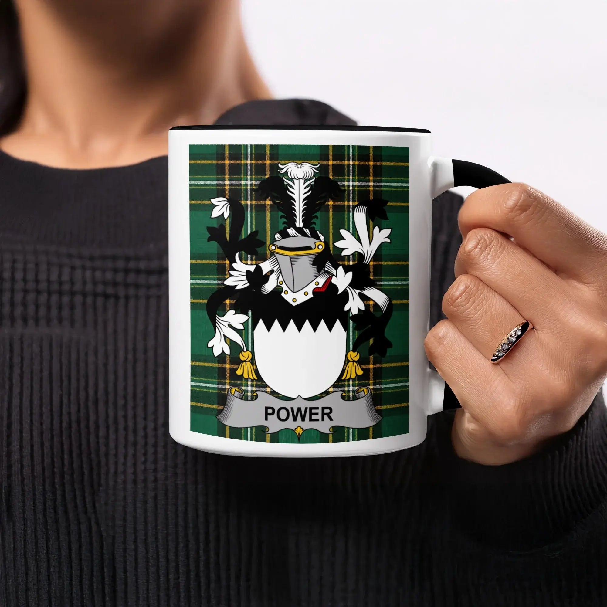 Mug with a green tartan background and a coat of arms displaying the name "POWER".