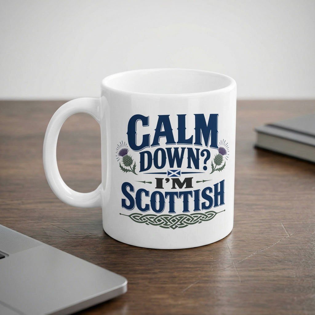White mug with "CALM DOWN? I'M SCOTTISH" text and tartan pattern.