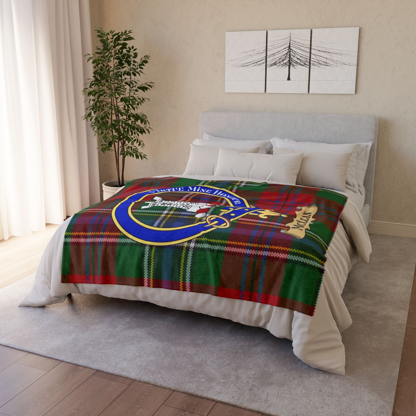 Tartan blanket with a crest featuring a unicorn and the motto "Semper Fidei".