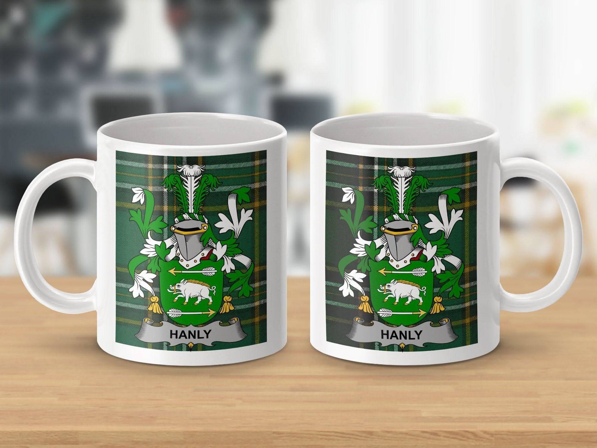 Hanly Surname Family Crest Irish Tartan Mug - Celtic Ancestry Gifts
