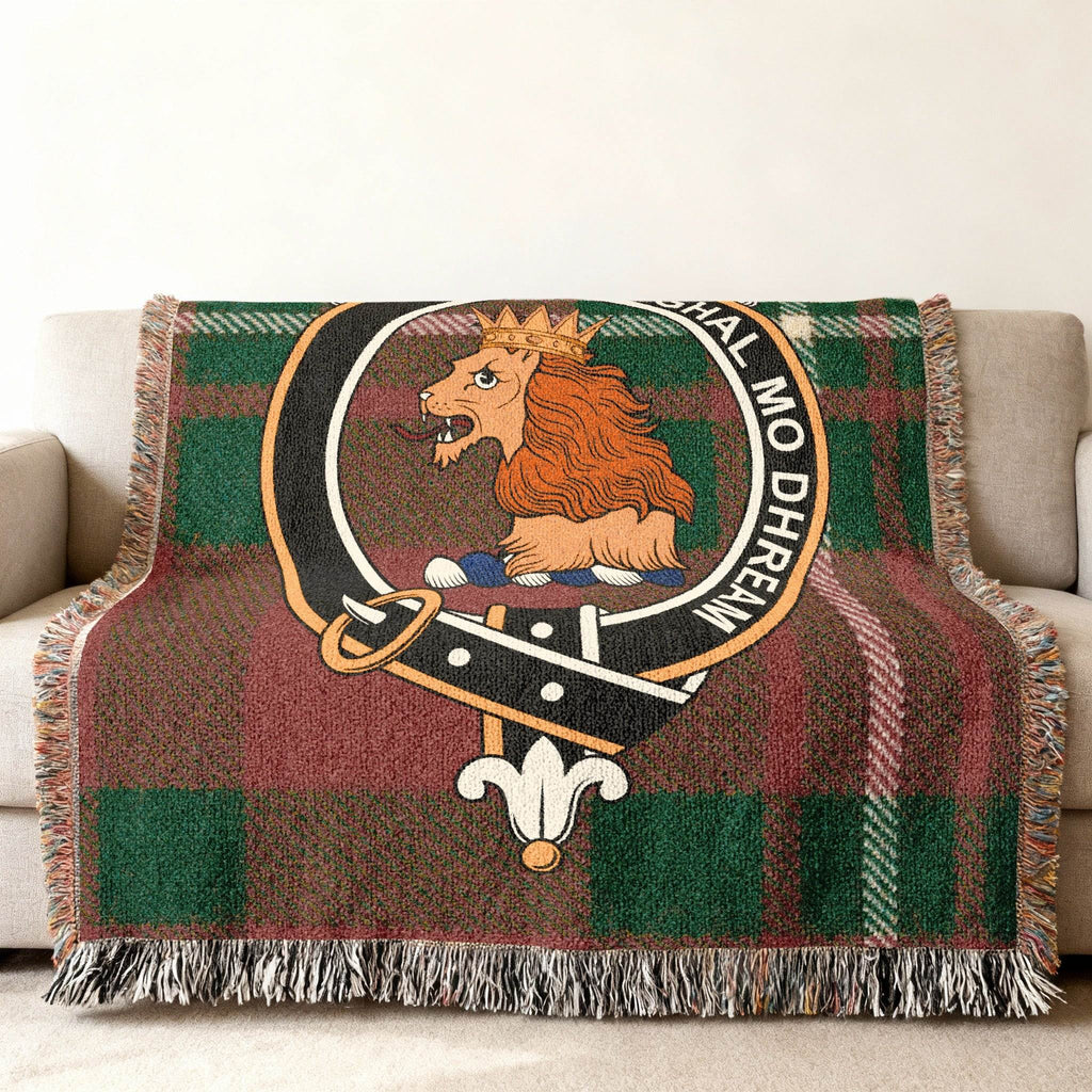 MacGregor clan crest tartan blanket with lion design — fringe edge visible, 100% cotton