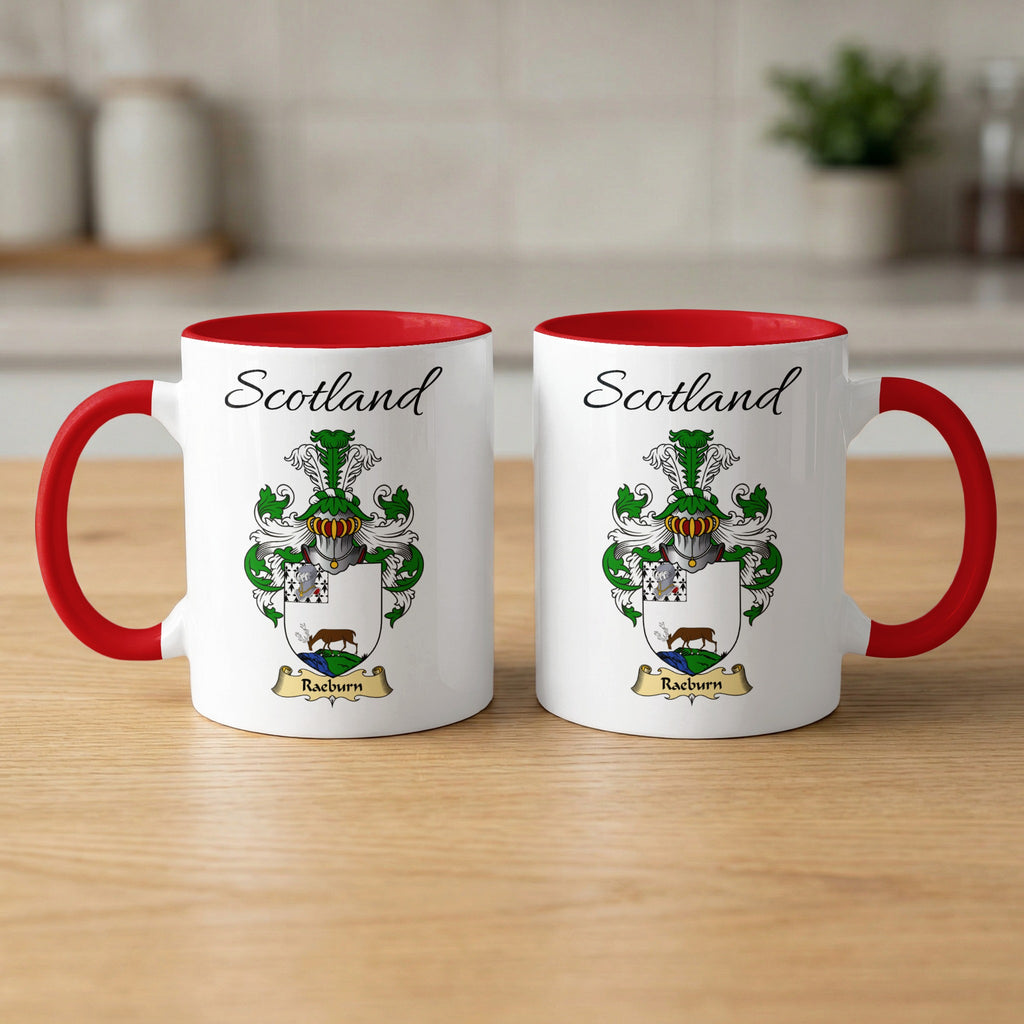 Red-accent Raeburn Scottish family crest mugs with Scotland above the heraldic shield