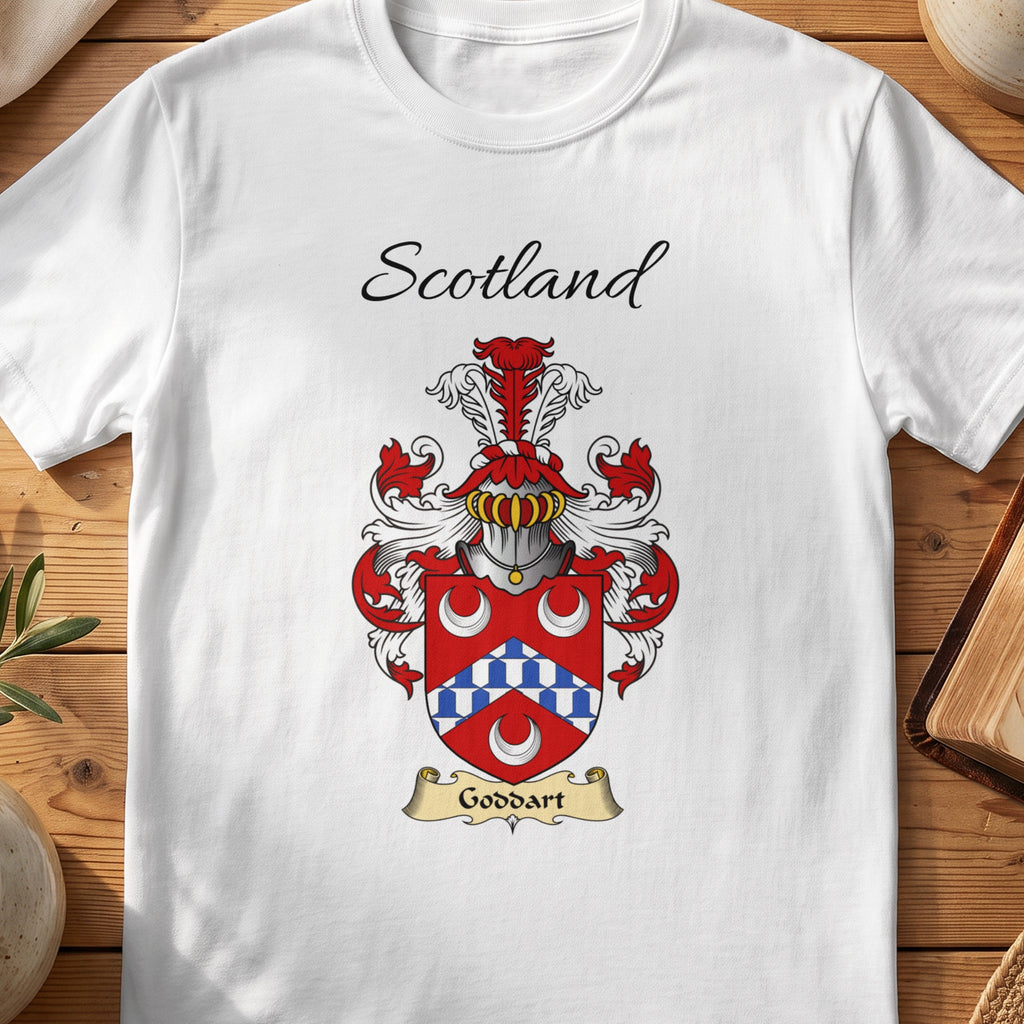 White Goddart Scottish family shield T-shirt featuring a blue-and-white chevron between white crescents