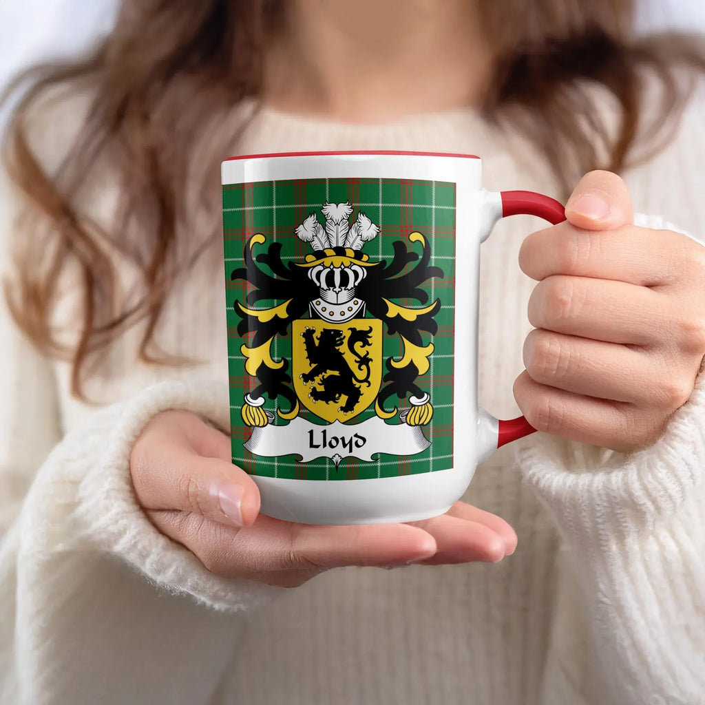 Lloyd Welsh family name mug with red handle and coat of arms on tartan background