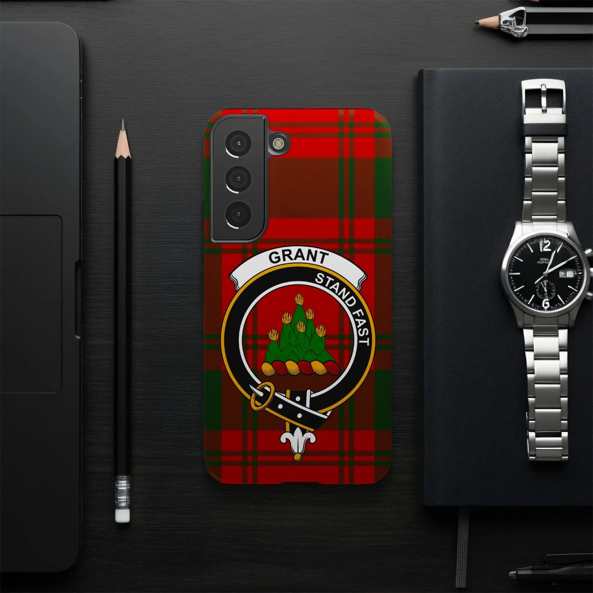 Grant Stand Fast plaid design phone case — full heraldic wrap on glossy impact-resistant shell