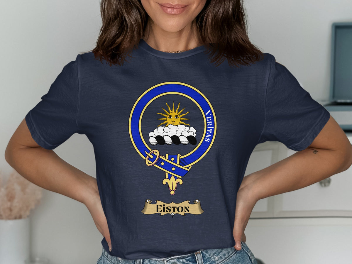 Eiston Scottish clan crest design on navy T-shirt