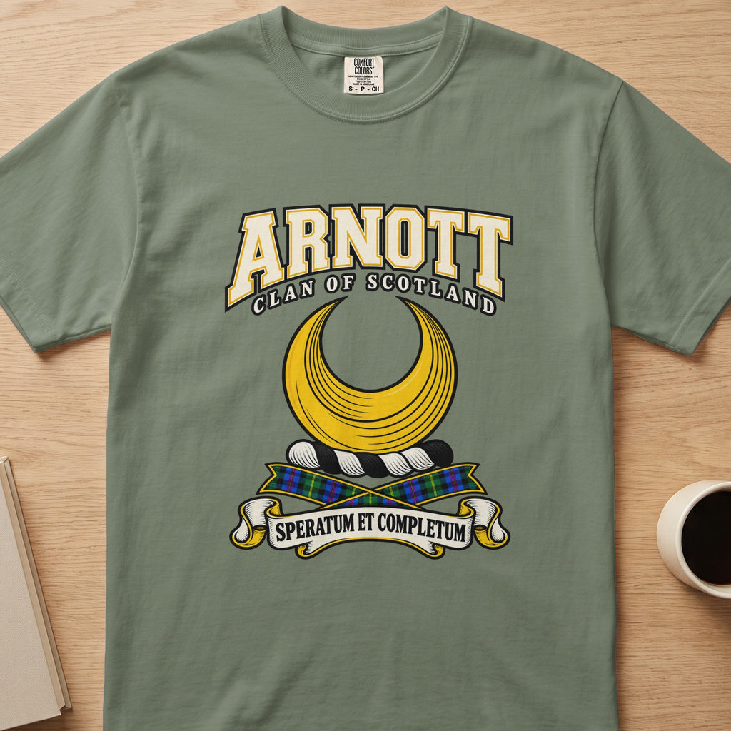 Arnott clan T-shirt in sage green, front view with large gold crescent