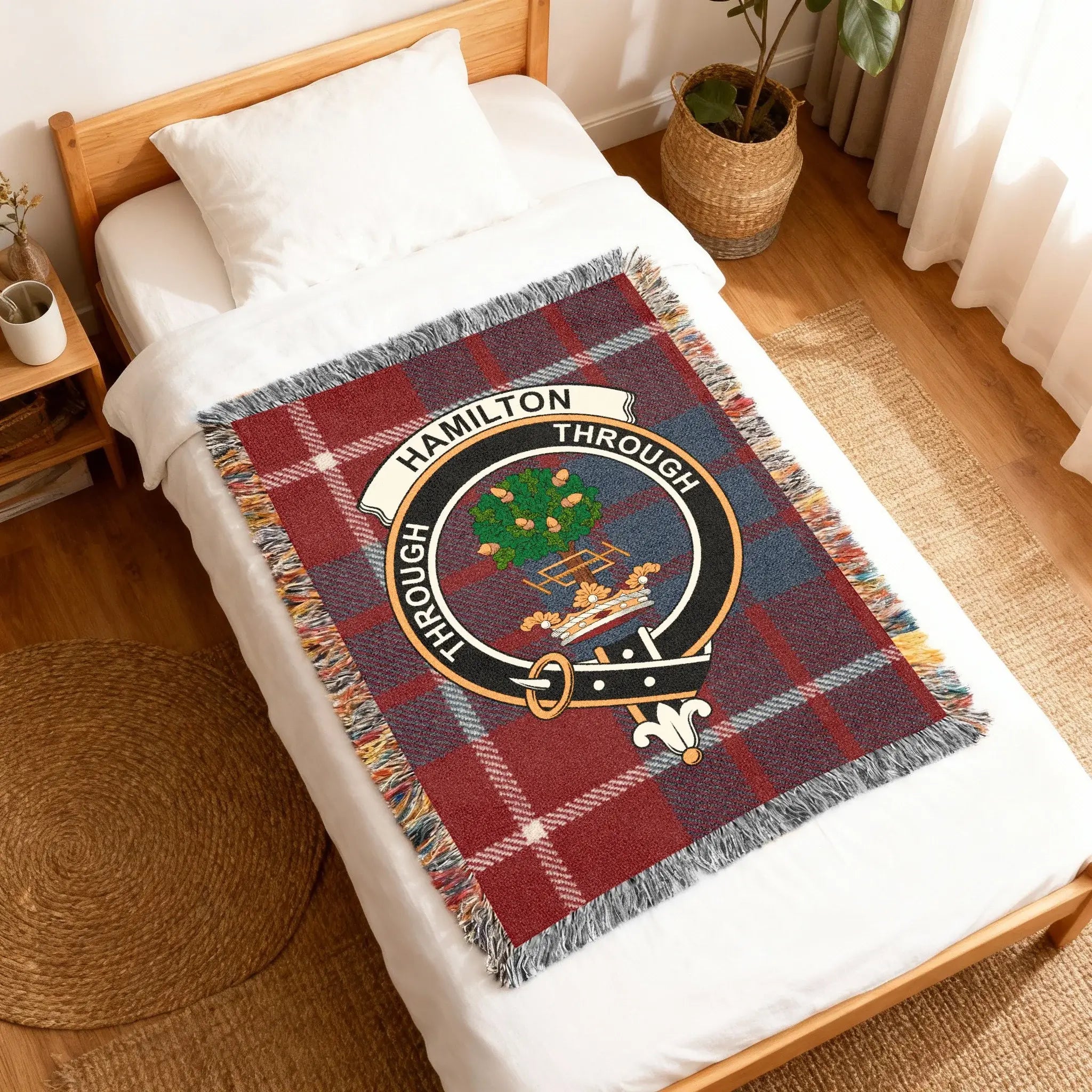 Hamilton Through tartan plaid woven blanket draped — clan crest, fringe edges