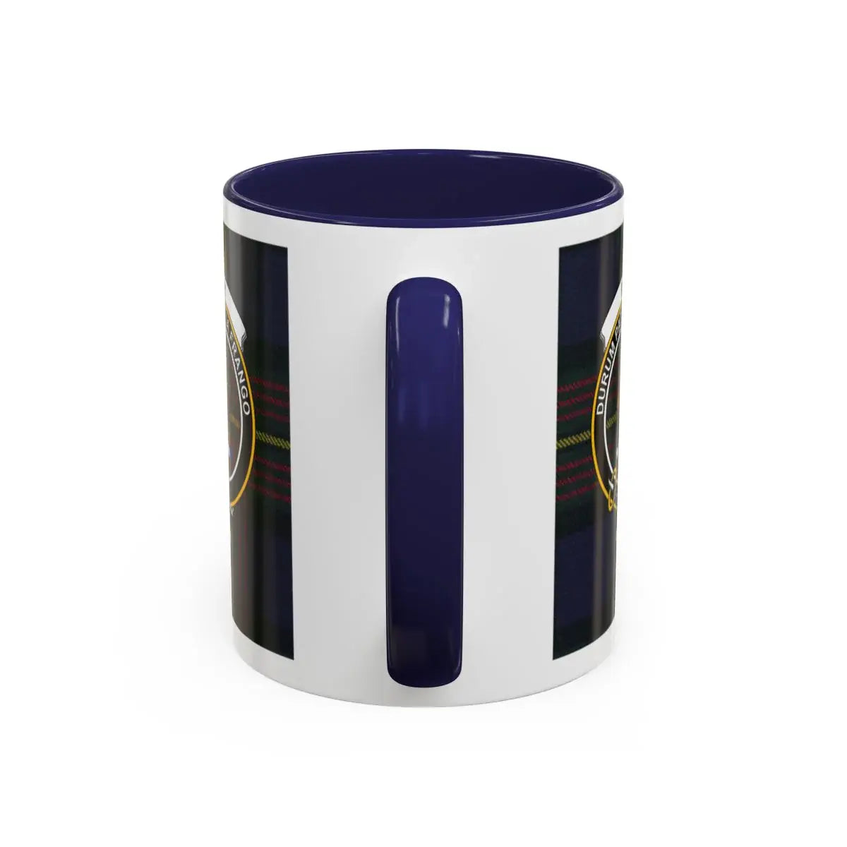 Top-down view of Muir clan crest mug showing interior accent colour — glossy ceramic