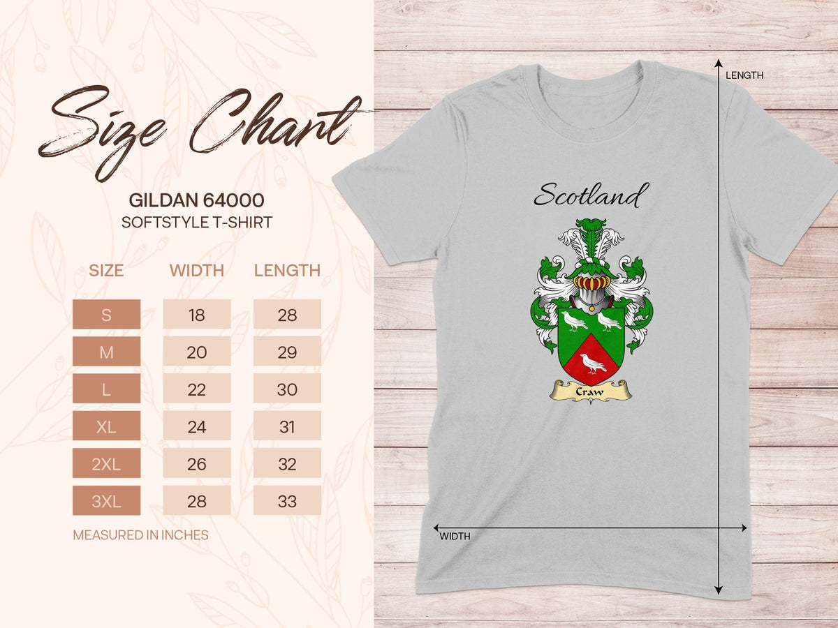 Gildan 64000 size chart for the Craw unisex T-shirt, sizes S to 3XL
