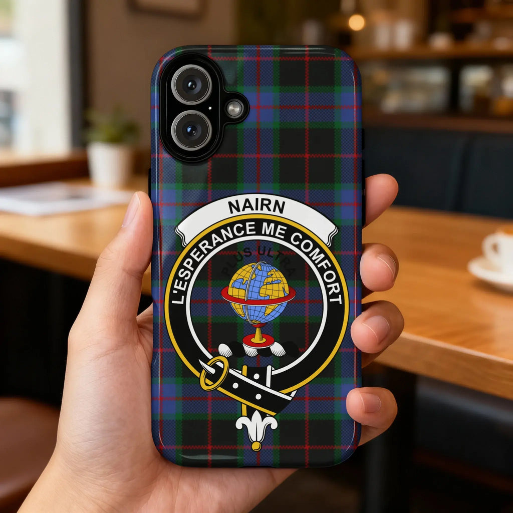 Clan Nairn tartan case on iPhone — L'Espérance crest wrap, precise port cutouts