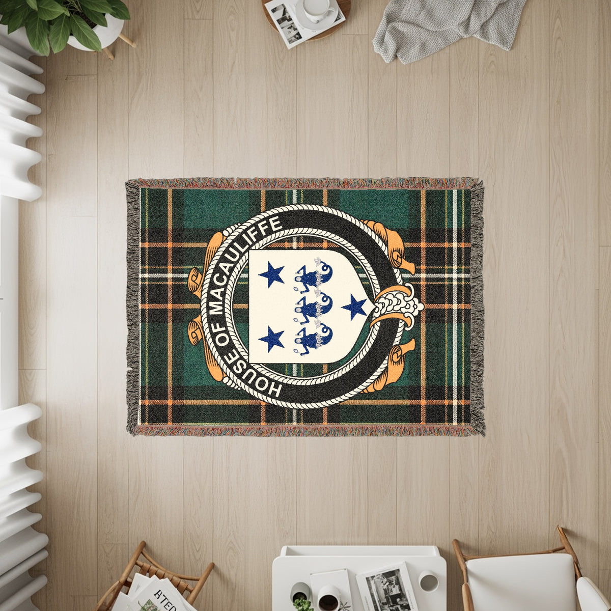 Macauliffe Irish heritage woven throw with family crest emblem