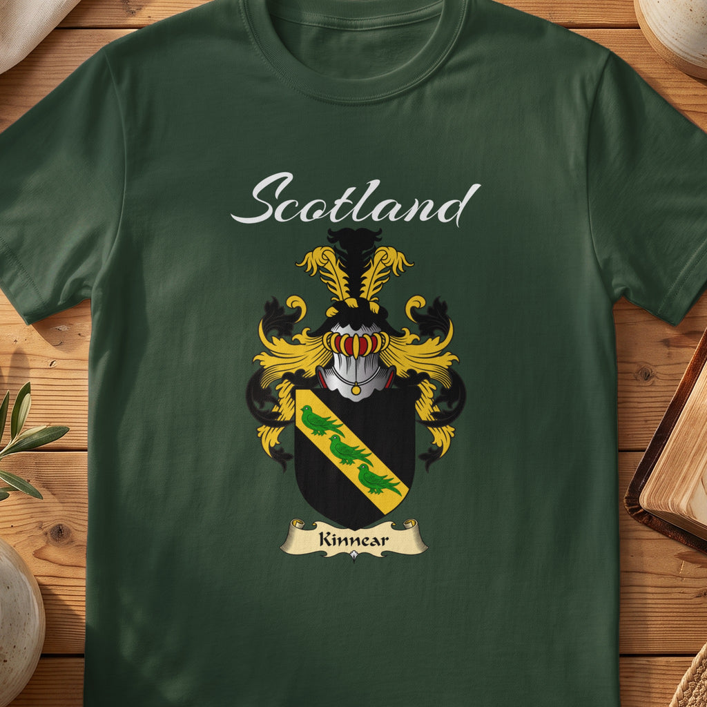 Forest Green Kinnear Scottish T-shirt featuring a gold diagonal band with green leaves on black