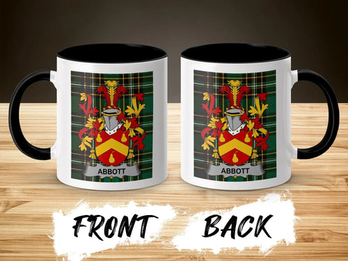 Two mugs featuring the Abbott family crest on a plaid background.