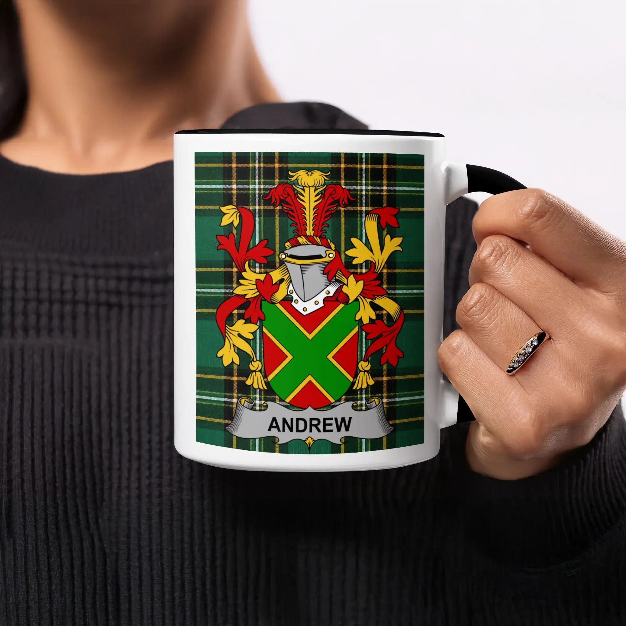 Mug with green and red tartan pattern and coat of arms with "ANDREW" banner.