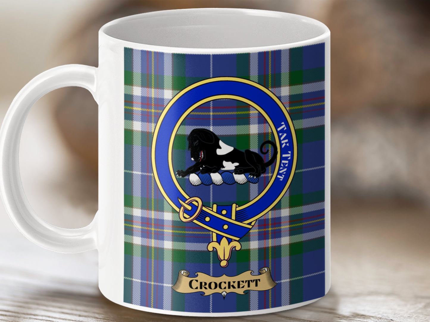 Clan Crockett Blue Green Tartan Crest Emblem Mug - Living Stone Gifts