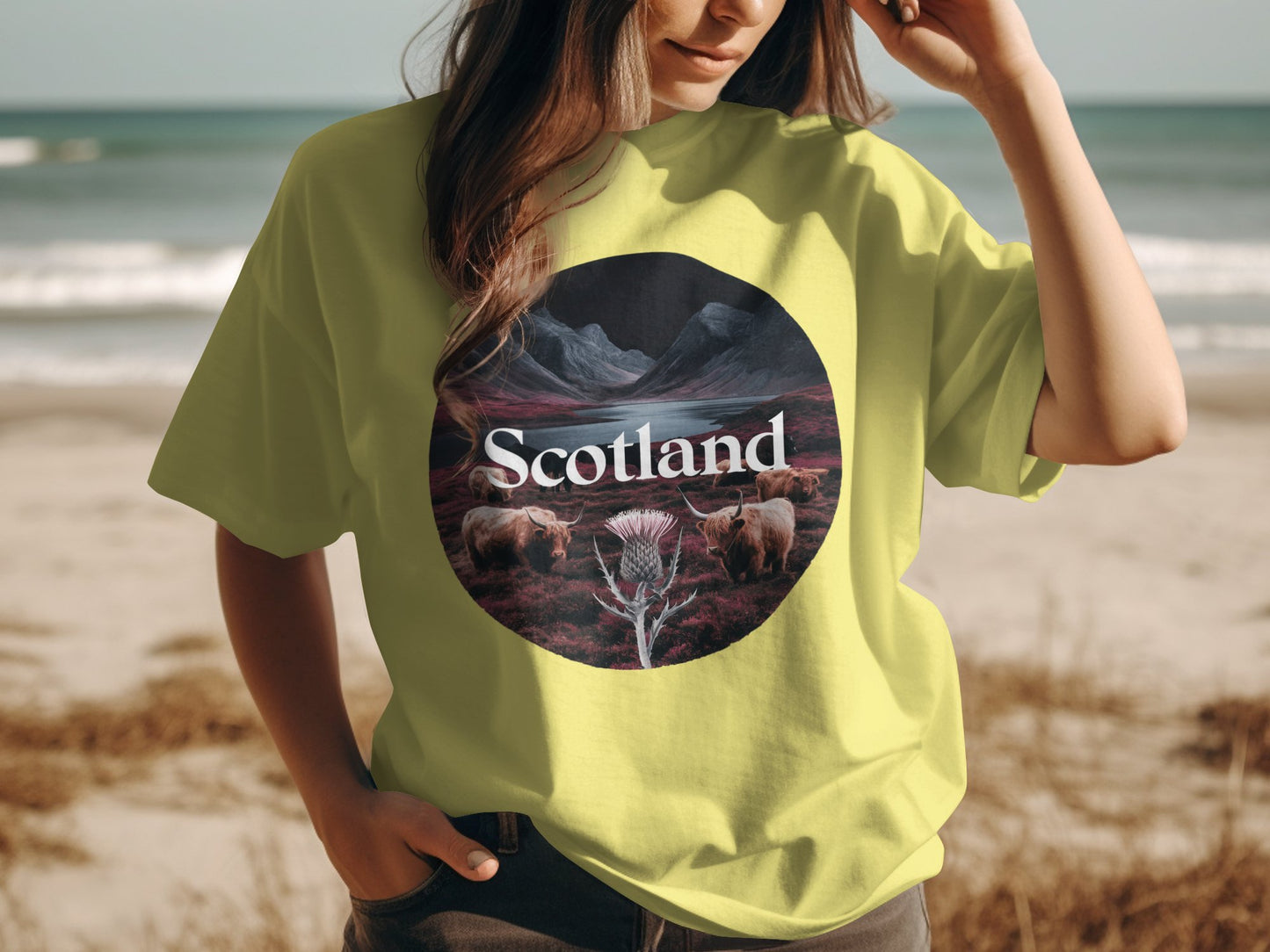 Scenic Scotland Highland Cow and Thistle T-Shirt - Living Stone Gifts