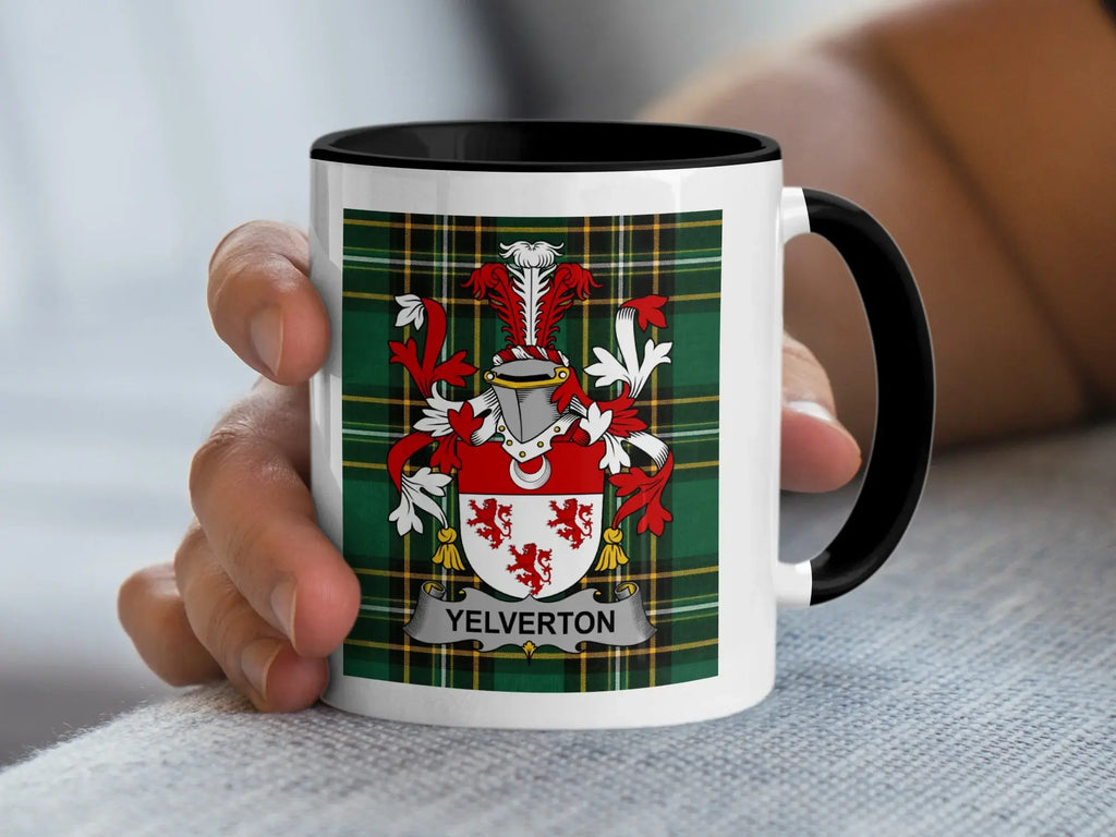 Mug with Yelverton family crest and tartan background.