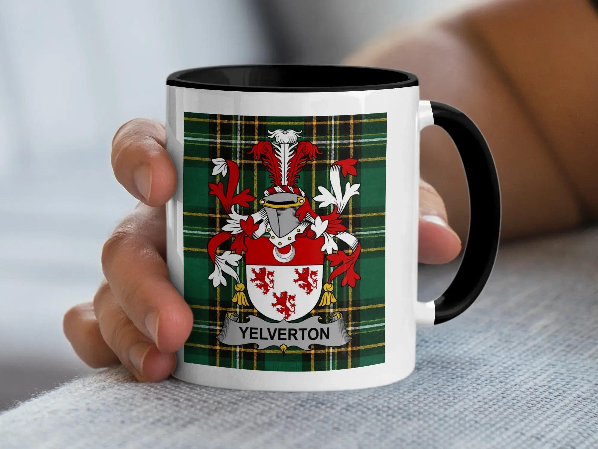 Mug with Yelverton family crest and tartan background.