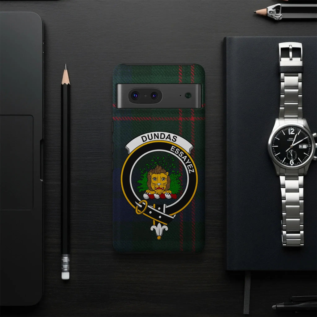Dundas clan crest phone case — precise port cutouts, wrap print, Google Pixel model