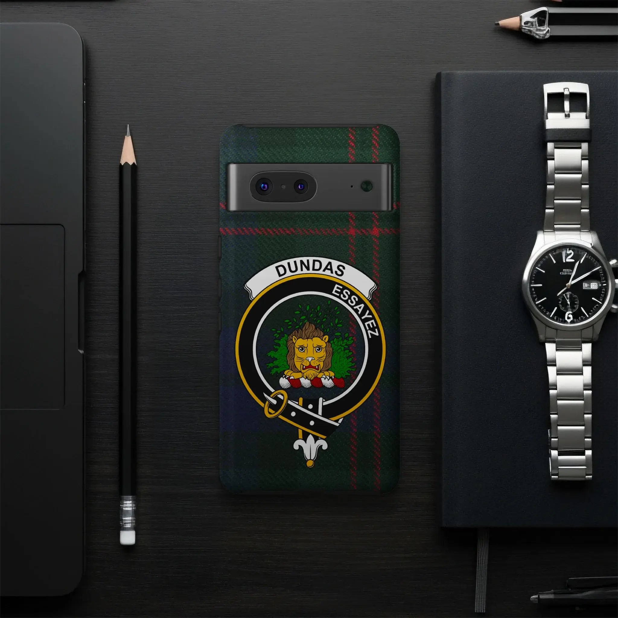 Dundas clan crest phone case — precise port cutouts, wrap print, Google Pixel model
