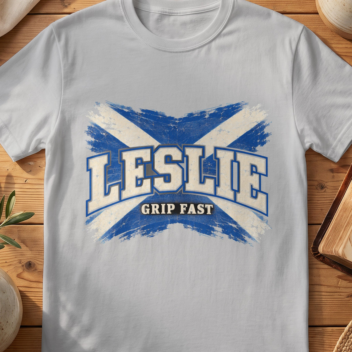 Leslie Scottish Saltire T-shirt in Sport Grey, with distressed blue and cream flag and “Grip Fast” lettering.