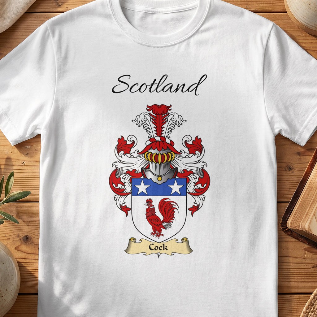 White Cock Scottish family shield T-shirt featuring a red cockerel beneath white stars on blue