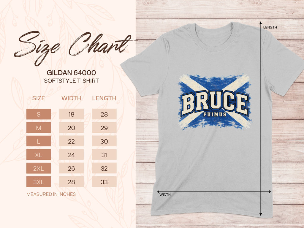 Gildan Softstyle 64000 size chart for the Bruce Saltire T-shirt, showing shirt width and length in inches.