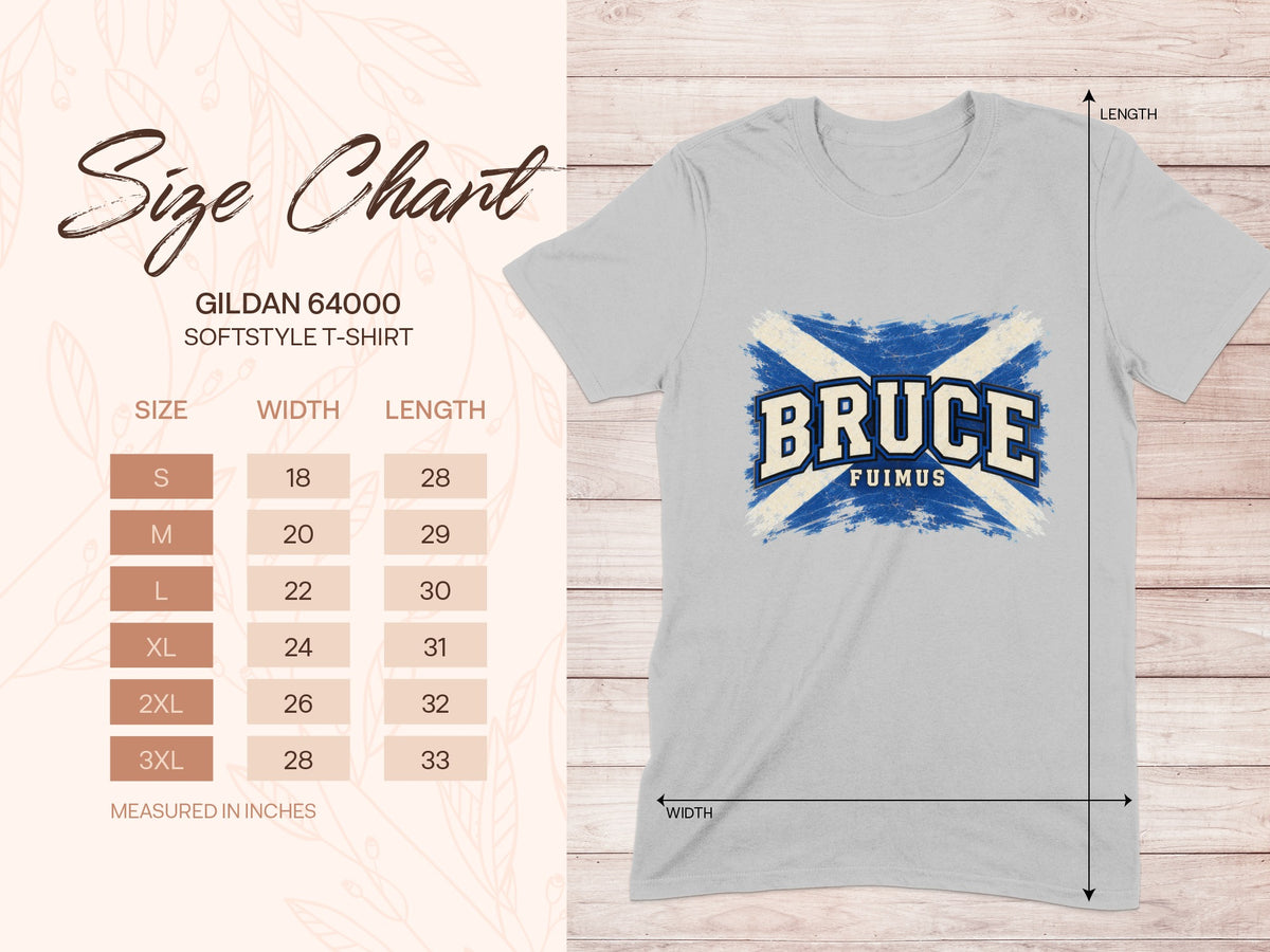 Gildan Softstyle 64000 size chart for the Bruce Saltire T-shirt, showing shirt width and length in inches.