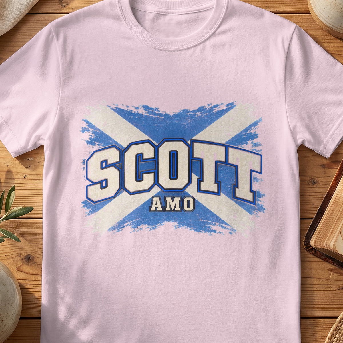 Scott Scottish Saltire T-shirt in Light Pink, with distressed blue and cream flag and “Amo” lettering.