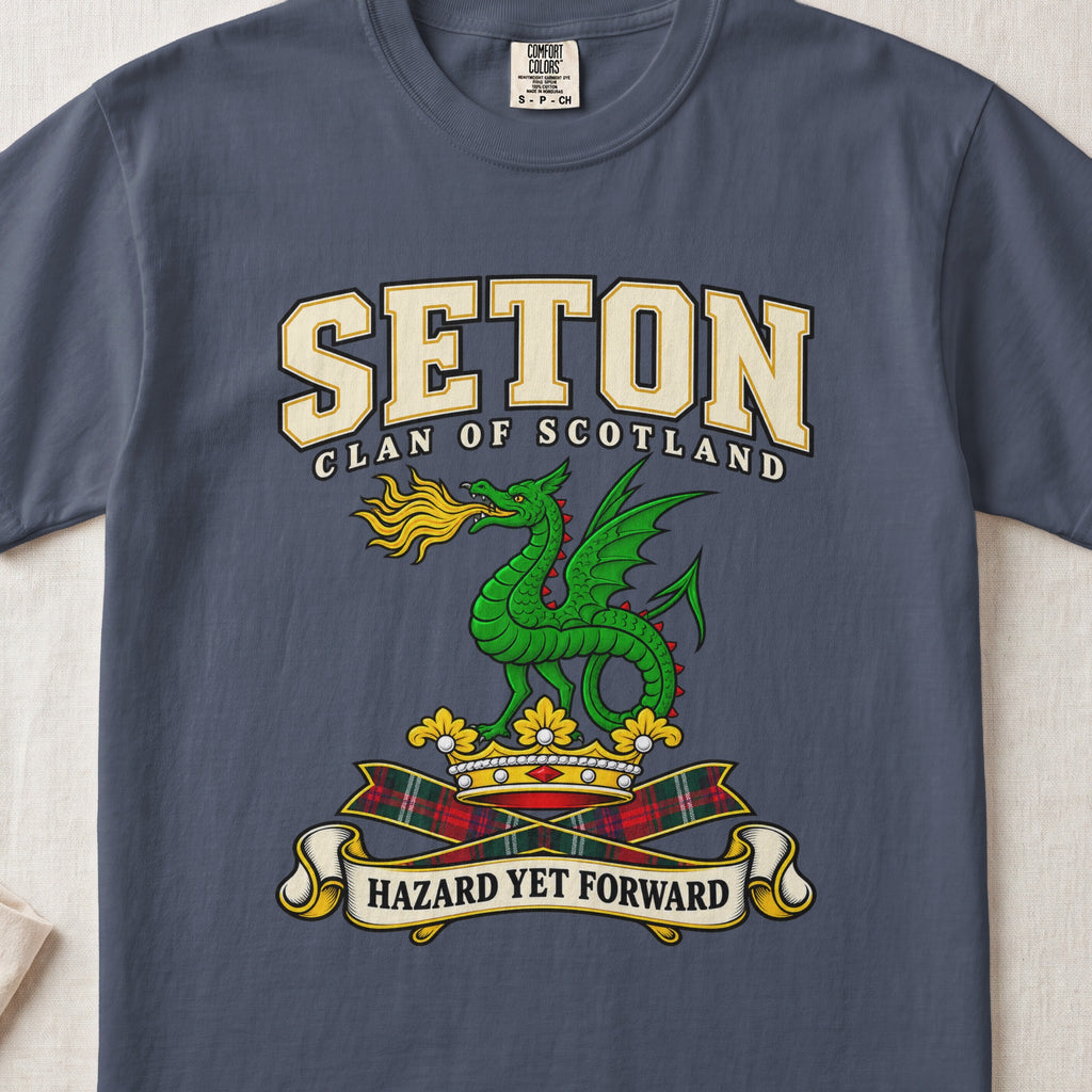 Seton Scottish clan graphic T-shirt in Midnight, front view